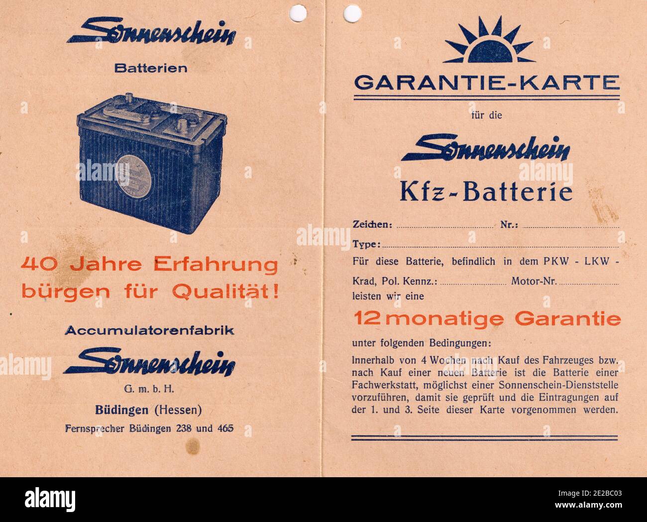Sonnerstein KFZ carte de garantie de batterie de voiture, 1951 Photo Stock  - Alamy