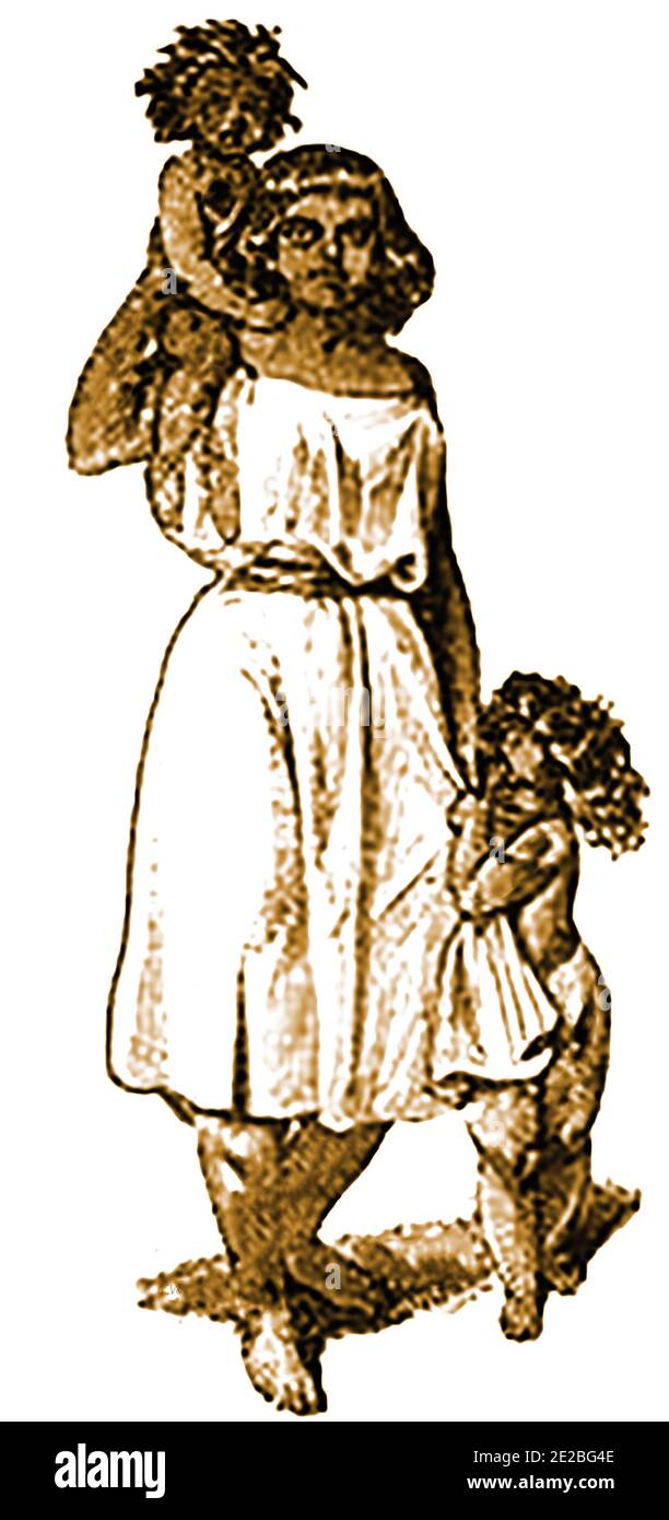 Un dessin de 1852 décrit comme une 'paw' indienne et ses enfants en Californie. À cette époque, beaucoup de ceux qui n'avaient pas été massacrés ou déplacés étaient de plus en plus occidentalisés et portaient des vêtements occidentaux. Bien que largement utilisé, le terme squaw est aujourd'hui généralement interprété comme offensant, désobligeant, misogyne et raciste par les habitants autochtones. Banque D'Images