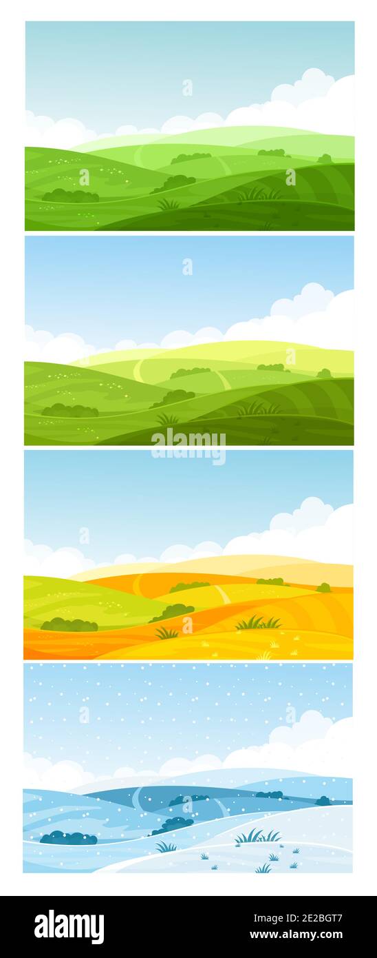 Terres agricoles sur des collines, forêt à l'horizon en été printemps automne hiver fond. Ensemble d'illustrations vectorielles de différentes saisons pour le paysage de la nature Illustration de Vecteur