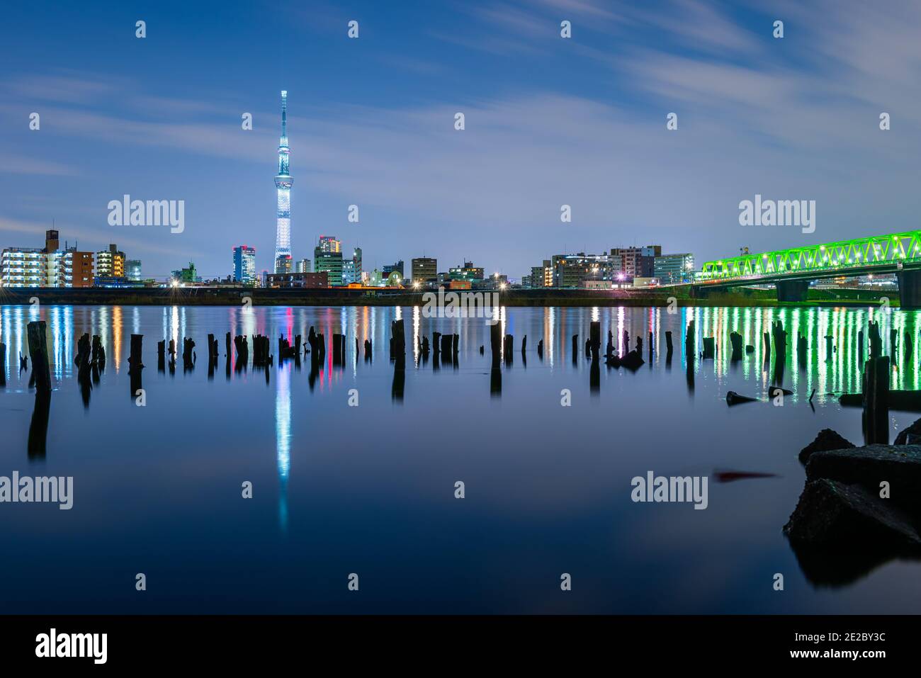 Tokyo, Japon, paysage urbain sur la rivière Arakawa la nuit. Banque D'Images