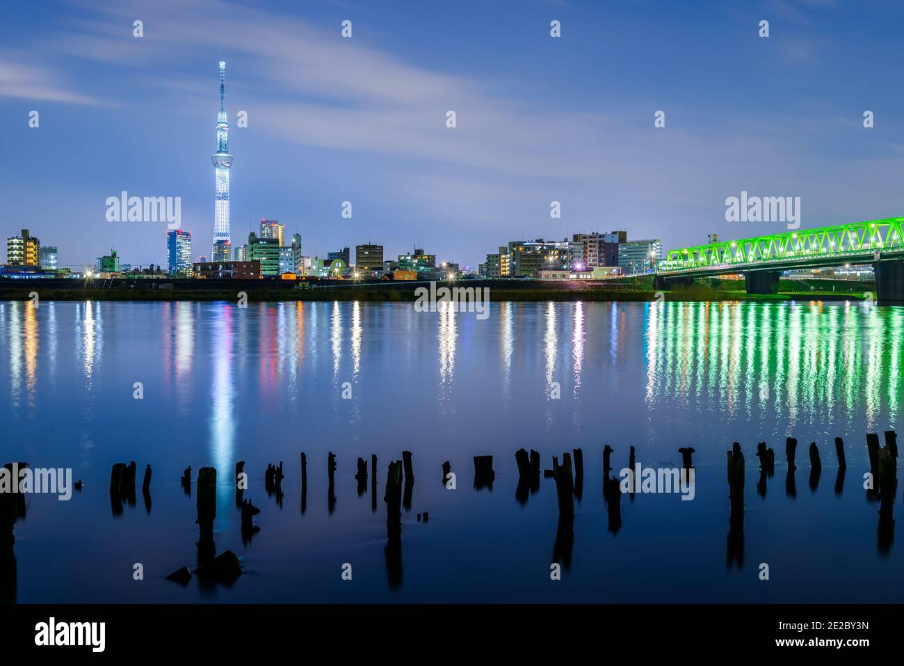 Tokyo, Japon, paysage urbain sur la rivière Arakawa la nuit. Banque D'Images