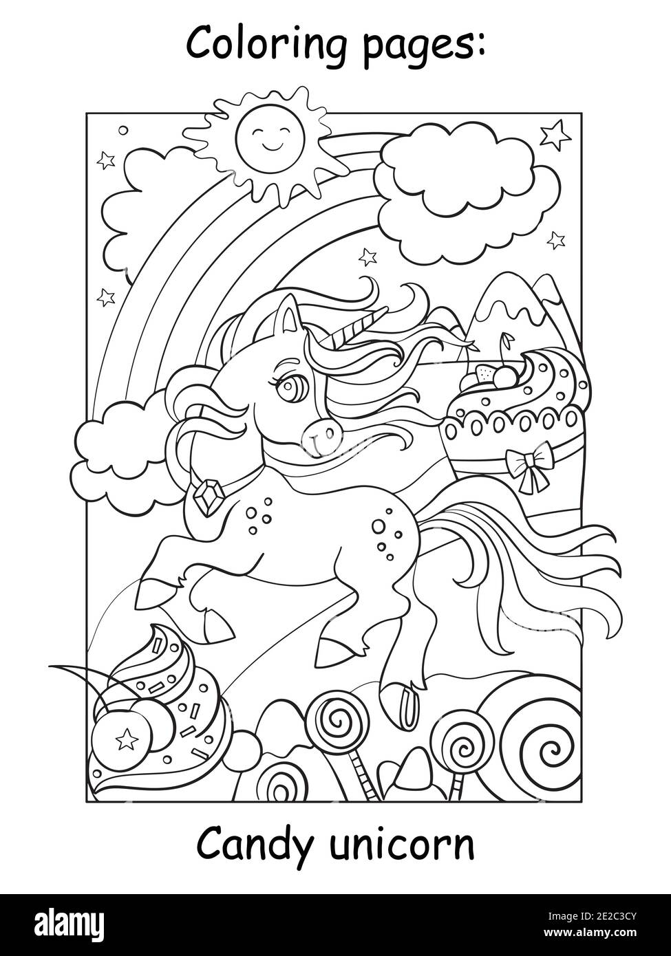 Adorable licorne dans un monde magique et doux. Page de livre de coloriage. Illustration de dessin animé vectoriel isolée sur fond blanc. Pour livre de coloriage, preschoo Illustration de Vecteur