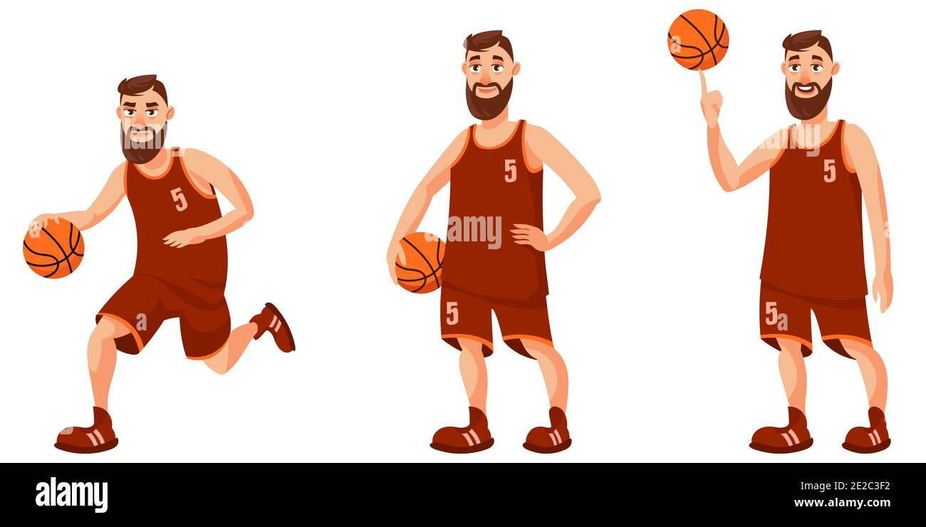 Joueur de basket-ball dans différentes poses. Homme de style dessin animé. Illustration de Vecteur