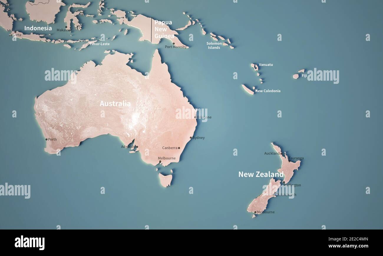 Carte continentale du pacifique Sud. Topographie carte du monde de rendu 3d. Banque D'Images