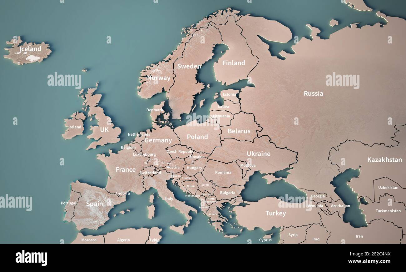 Carte continentale de l'Europe. Topographie carte du monde de rendu 3d. Banque D'Images