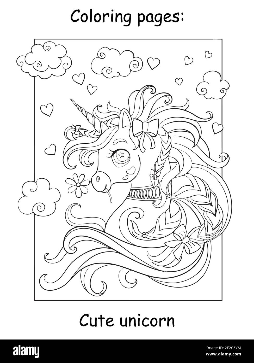 Joli portrait romantique de licorne avec des coeurs dans le ciel nuageux. Page de livre de coloriage. Illustration de dessin animé vectoriel isolée sur fond blanc. Pour colori Illustration de Vecteur