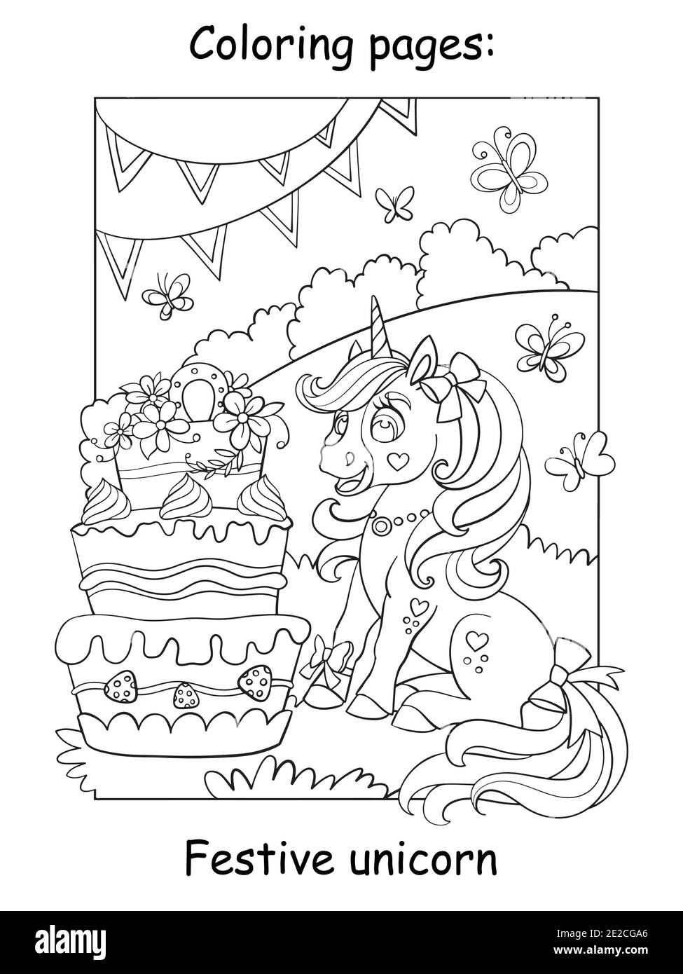 Adorable Licorne Celebrant Un Anniversaire Sur Un Pre Avec Un Gros Gateau Page De Livre De Coloriage Illustration De Dessin Anime Vectoriel Isolee Sur Fond Blanc Pour Colorin Image Vectorielle Stock