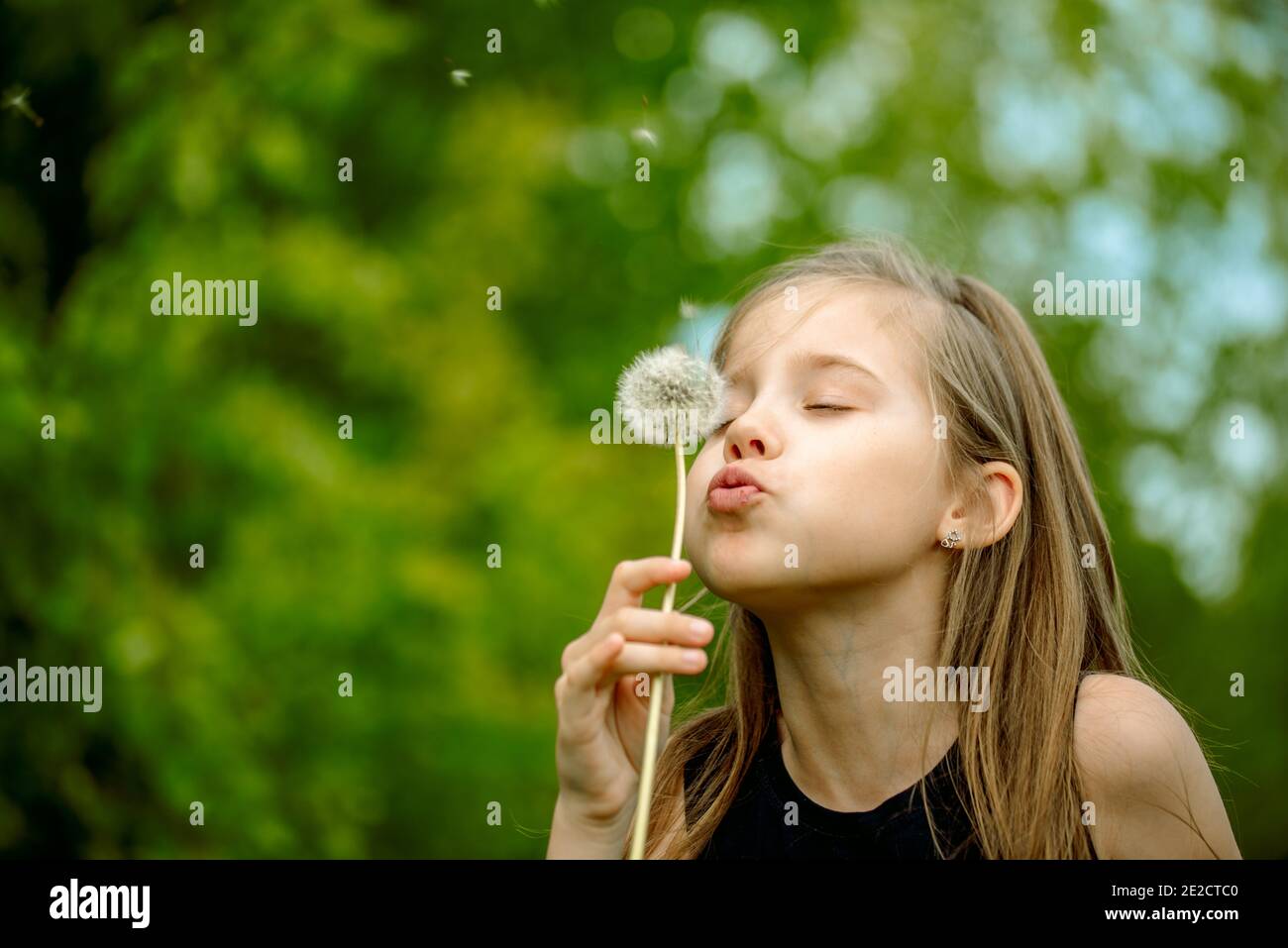 L'été dans le parc ou la forêt. Nature, idée de fraîcheur et liberté. Enfance heureuse.joie d'été, petite fille soufflant pissenlit au coucher du soleil près de la rivière Banque D'Images