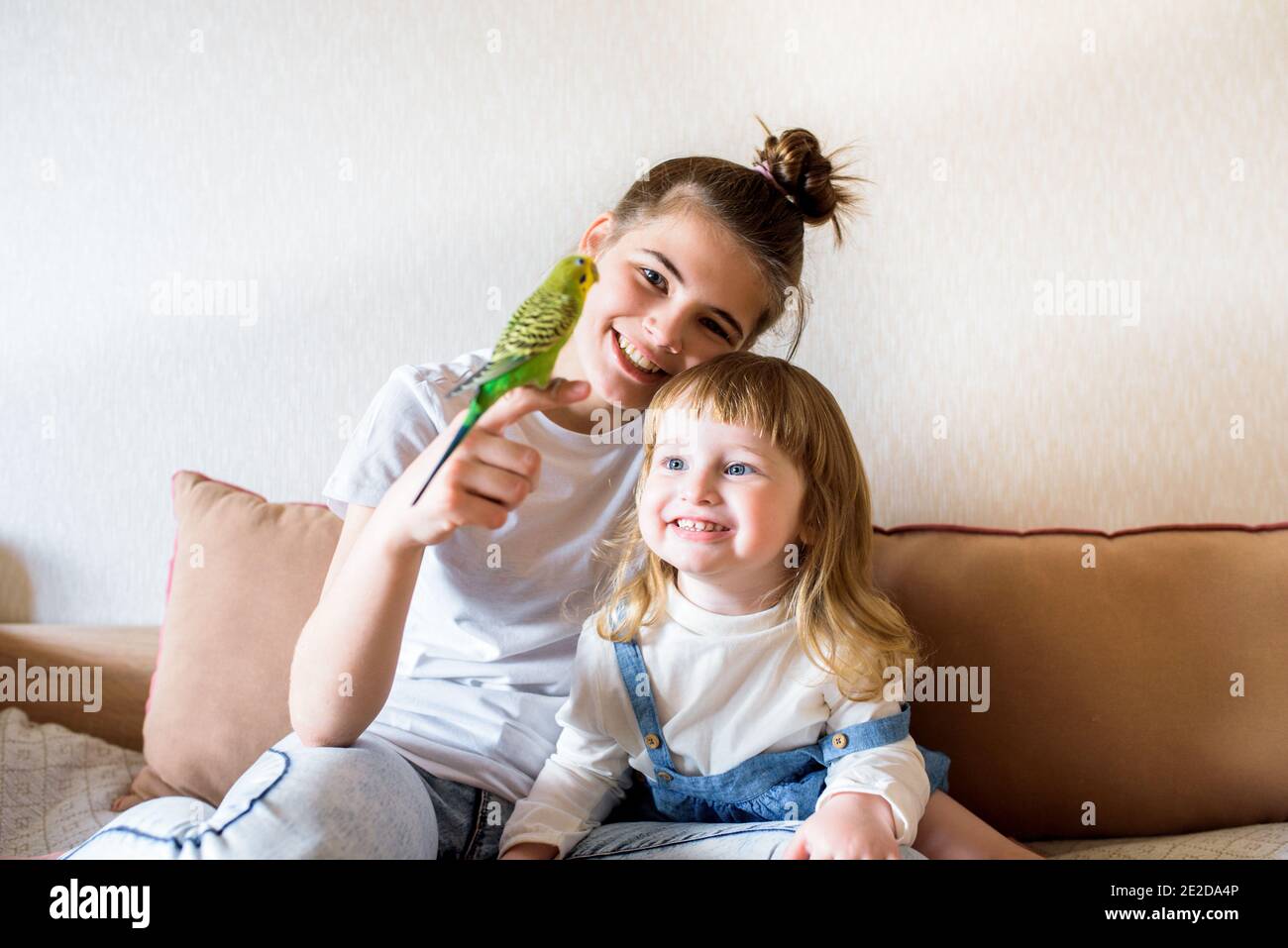 Les enfants heureux jouent avec un perroquet à l'informatwo filles à la maison parlant avec un perroquet. Animaux de compagnie. Budgerigar. Consultation en ligne du vétérinaire Banque D'Images