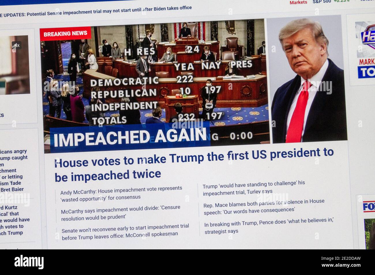 Fox News Breaking news capture d'écran montrant le président Donald Trump mis en accusation pour une deuxième fois le 13 janvier 2021. Banque D'Images
