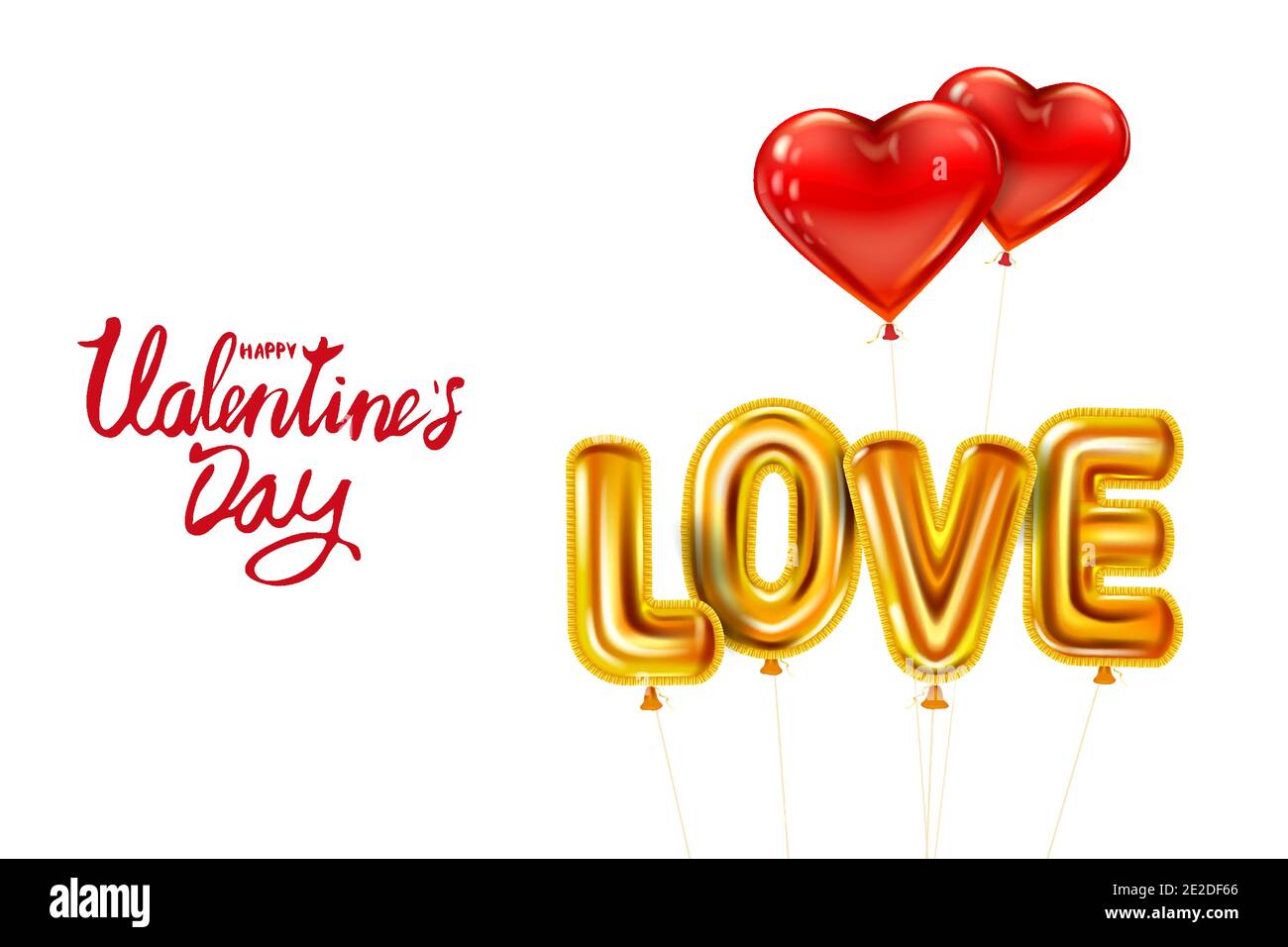 Happy Valentines Day, Love Gold hélium métallisé ballons brillants texte réaliste, lettrage, forme de coeur ballons volants rouges, fête, décoration Illustration de Vecteur