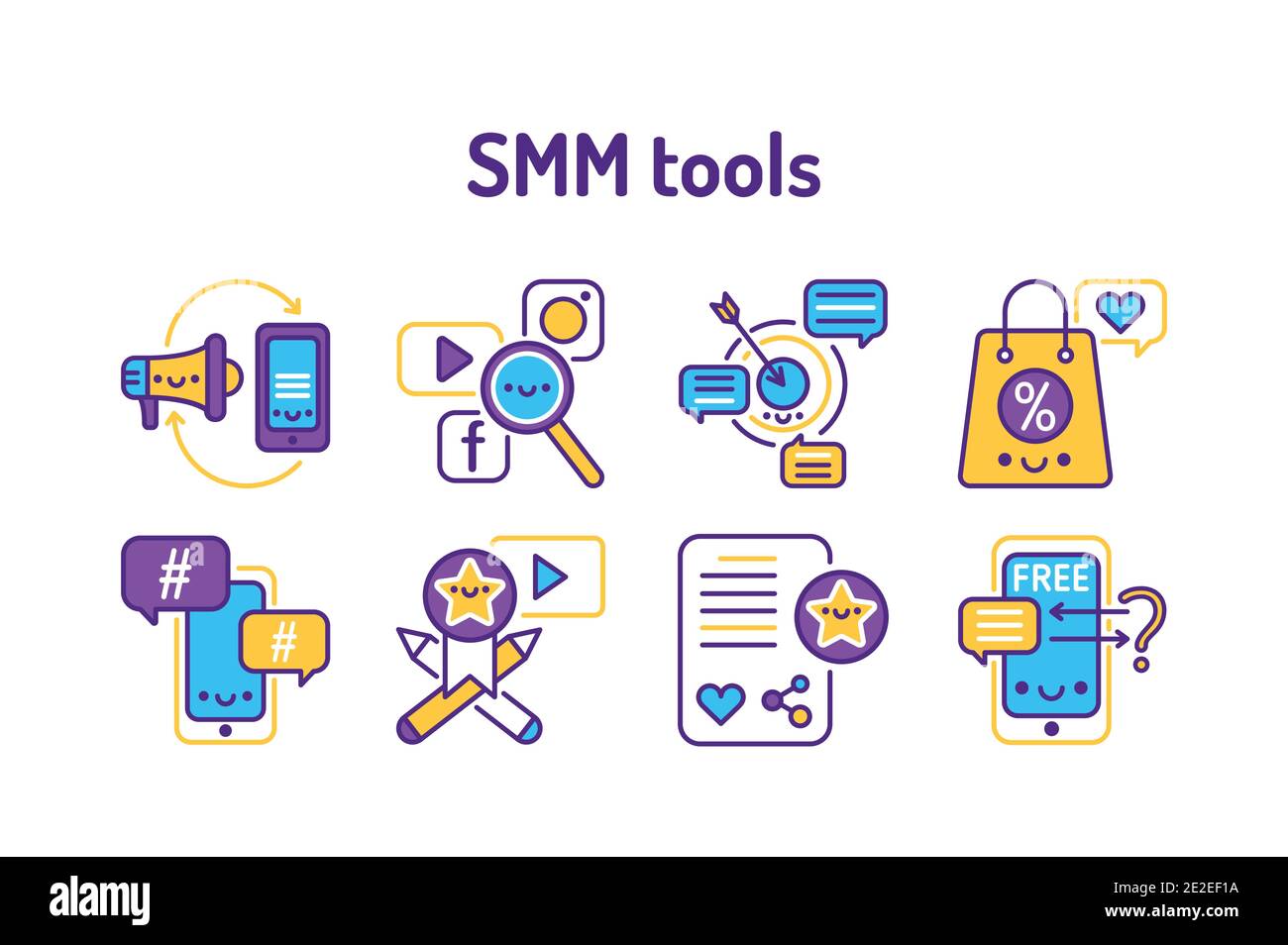 Concept de présentation du service de promotion SMM. Icônes de couleur de ligne publicitaire. Service de location. Pictogrammes pour la page Web, l'application mobile, la promotion. Illustration de Vecteur