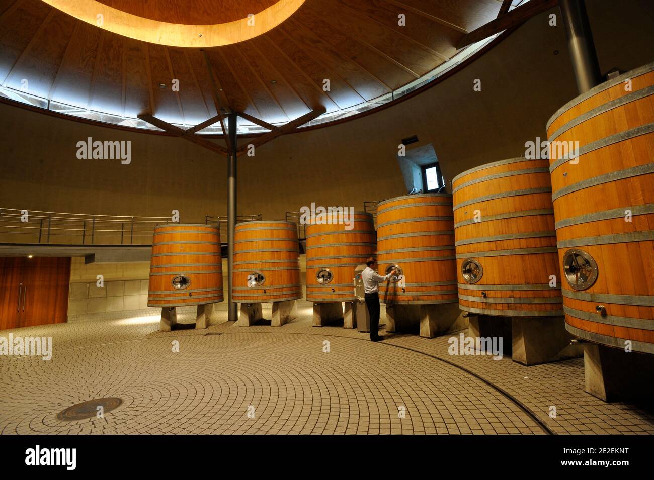 Fûts énormes à la cave de vinification Craggy Range, Nouvelle-Zélande.barrils du chai ' Craqqy Range ', Nouvelle Zelande. 2011. Photo de David Lefranc/ABACAPRESS.COM Banque D'Images