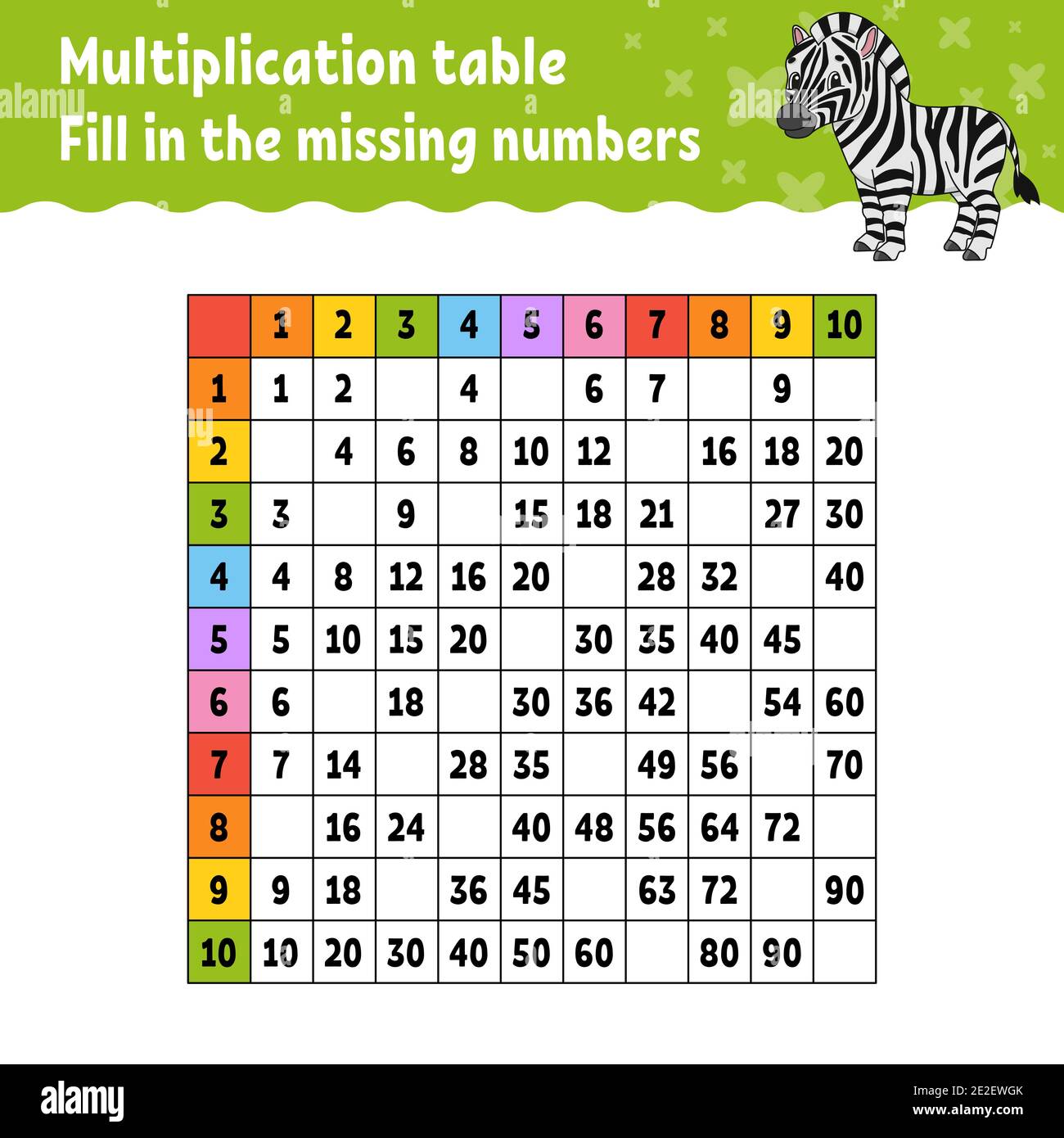 Collez les numéros manquants. Tableau de multiplication d'apprentissage. Pratique de l'écriture manuscrite. Feuille de travail de développement de l'éducation. Page d'activité couleur. Jeu pour enfants Illustration de Vecteur