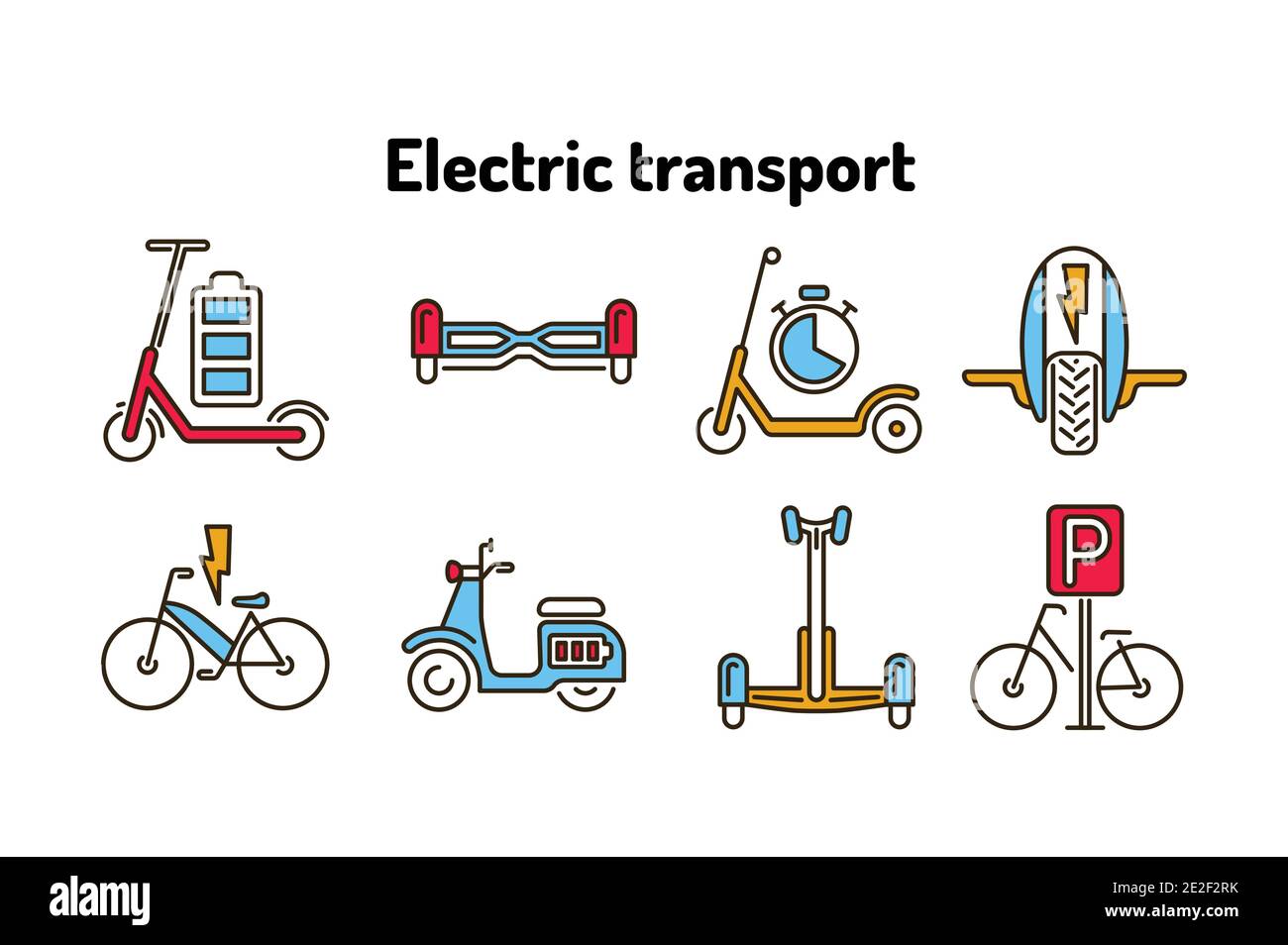 Jeu d'icônes de ligne de couleur pour le transport électrique. Véhicule écologique : vélo, monotalon, gyrobord, gyroscooter, scooter. Pictogrammes pour le Web, l'application mobile, la promotion Illustration de Vecteur