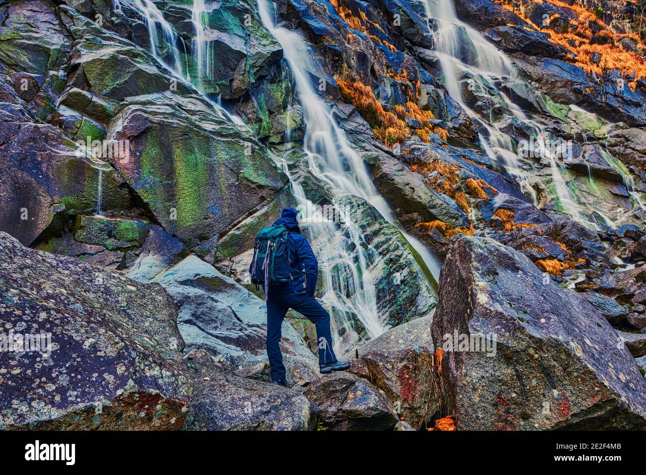 Jeune homme admirant les chutes d'eau de Nardis à Val di Genova, dans le parc naturel d'Adamello-Brenta, dans le nord de l'Italie Banque D'Images