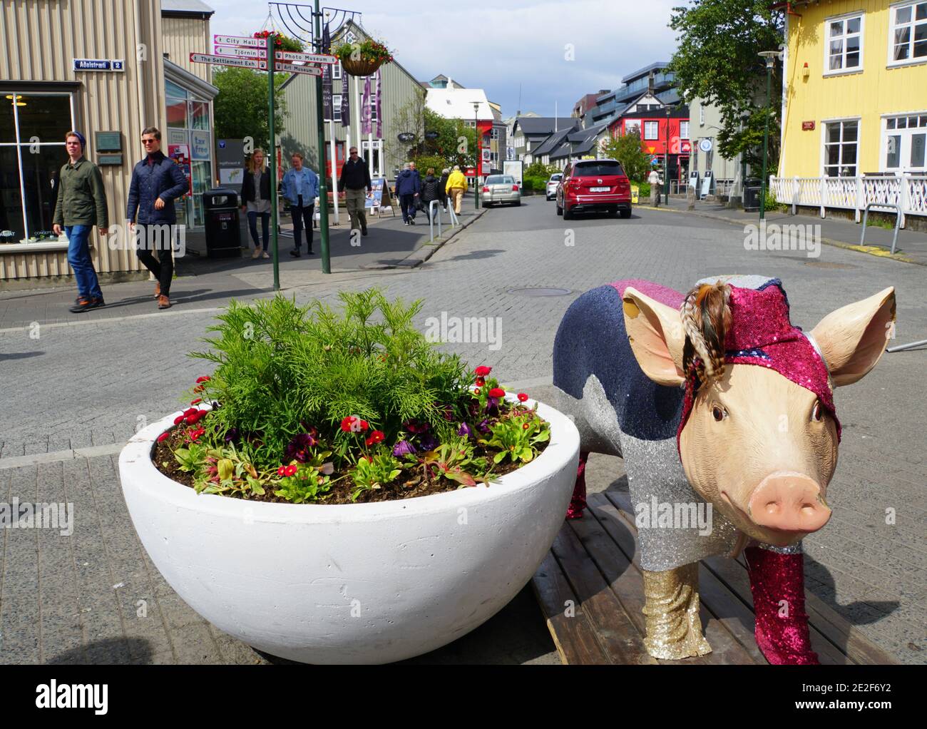 Reykjavik, Islande - 20 juin 2019 - vue sur les bâtiments et la statue de porc sur la région de Vesturgata dans la ville Banque D'Images