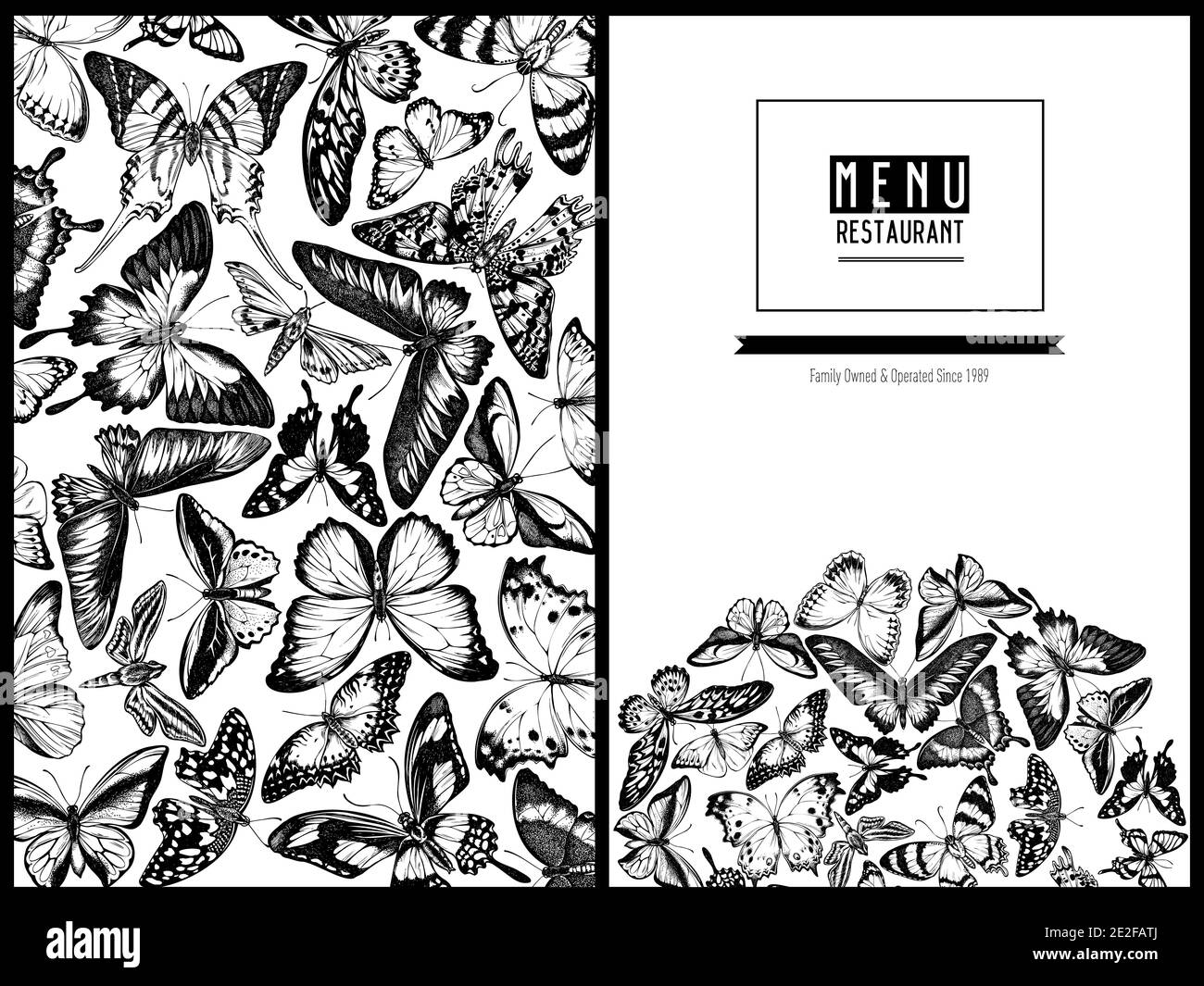Couverture de menu avec noir et blanc super pointe orange, queue émeraude, reines de jungle, tigre Uni, rajah brooke s Birdwing, papillio torquatus Illustration de Vecteur