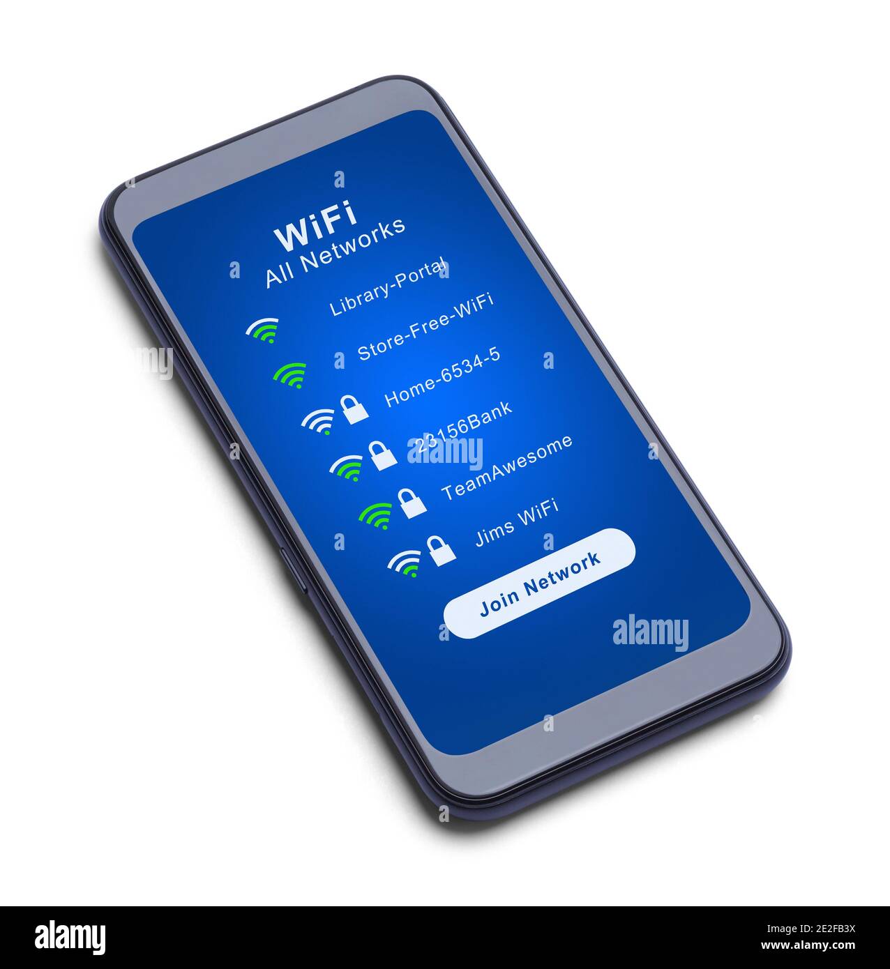 Smart Phone affichant les réseaux Wi-Fi disponibles et la coupure de l'intensité du signal Sortie sur blanc Banque D'Images