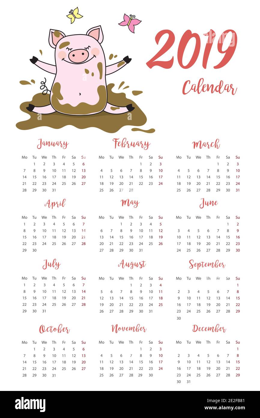 Calendrier 2019 et cochon drôle et sale dans la boue, symbole de porc de la nouvelle année, orientation verticale, illustration du vecteur de stock Illustration de Vecteur