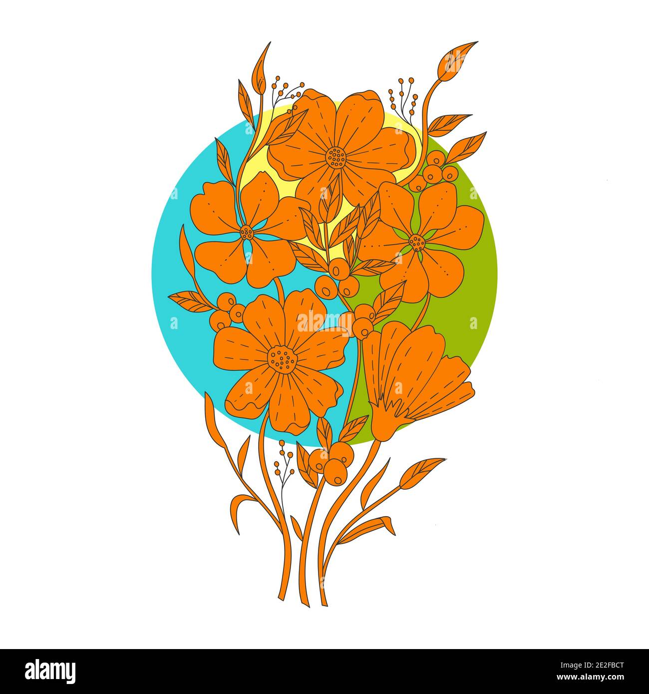 Bouquet de fleurs d'orange en forme de coolé, décoration en forme de flopale dessinée à la main en cercle. Illustration vectorielle. Motif en forme de Zendoodle. Illustration de Vecteur