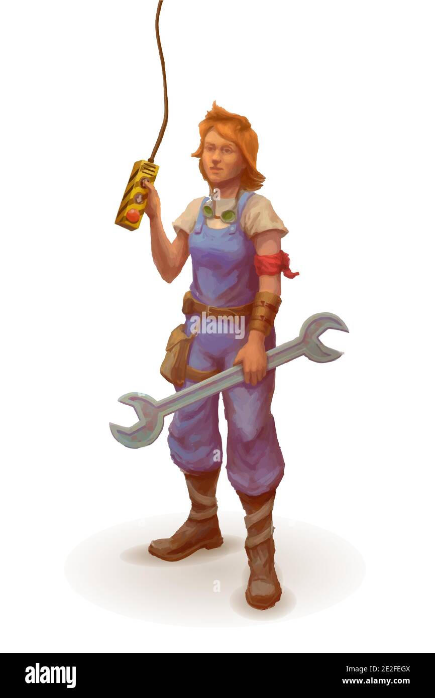 Dessineur de dessins animés, personnage mécanique féminin isolé sur blanc Illustration de Vecteur