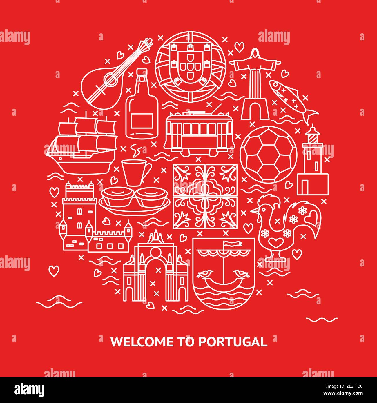 Bienvenue au Portugal Round concept avec des icônes en style ligne. Symboles traditionnels avec culture nationale, cuisine et attractions. Bannière de voyage ou p Illustration de Vecteur