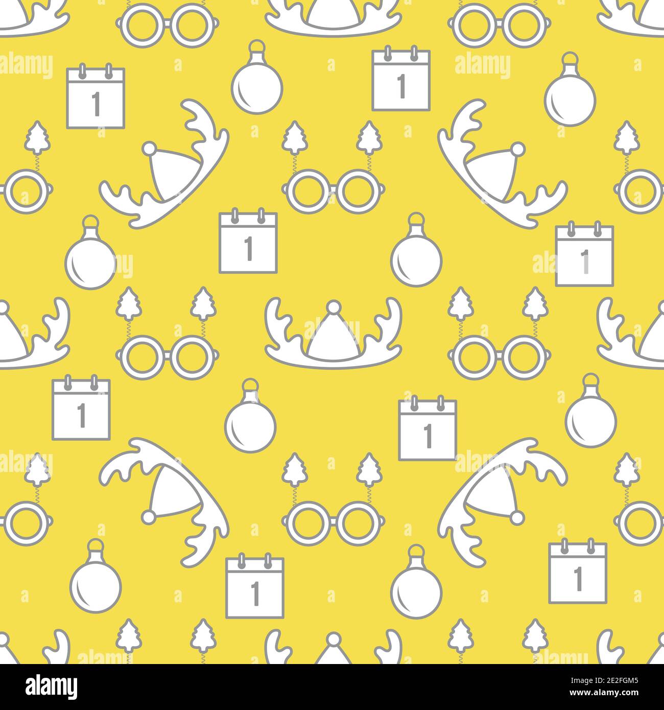 Bonne année, joyeux Noël scénario vectoriel sans couture avec cornes de cerfs, boule de Noël, calendrier, verres avec arbres de Noël. Fête mascarade Retour Illustration de Vecteur