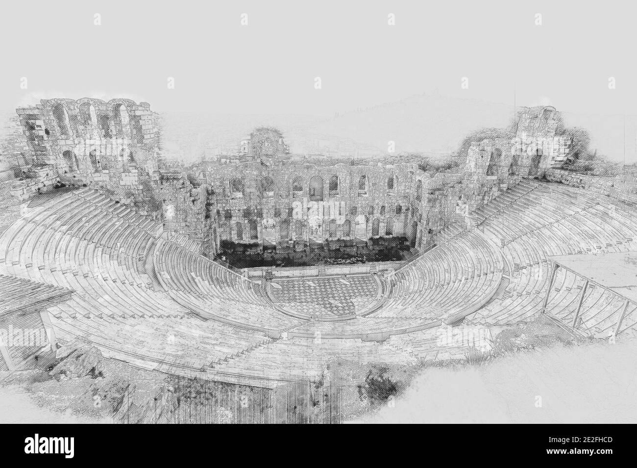 Aquarelle esquisse les ruines de l'ancien théâtre d'Herodion, Athènes Banque D'Images