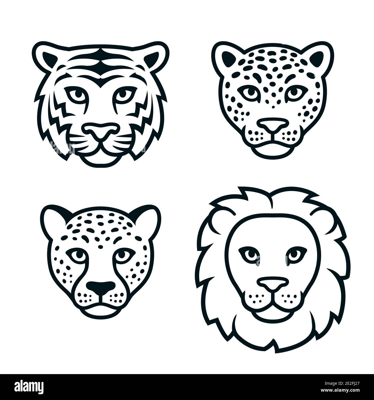 Grand jeu de visages de chats sauvages, logo noir et blanc. Lion, tigre, léopard, têtes de guépard. Illustration de clip art vectoriel isolée. Illustration de Vecteur