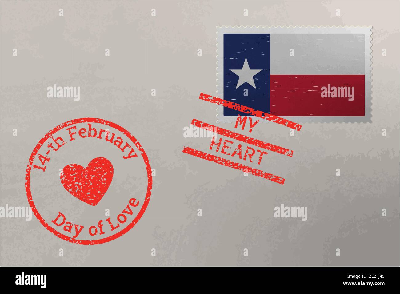Enveloppe de timbre-poste avec drapeau américain du Texas et timbres du jour de la Saint-Valentin, vecteur Illustration de Vecteur