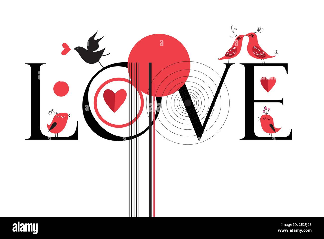 Illustration vectorielle festive avec inscription Love and Birds sur fond blanc. Inscription amour et oiseaux pour la Saint-Valentin Illustration de Vecteur