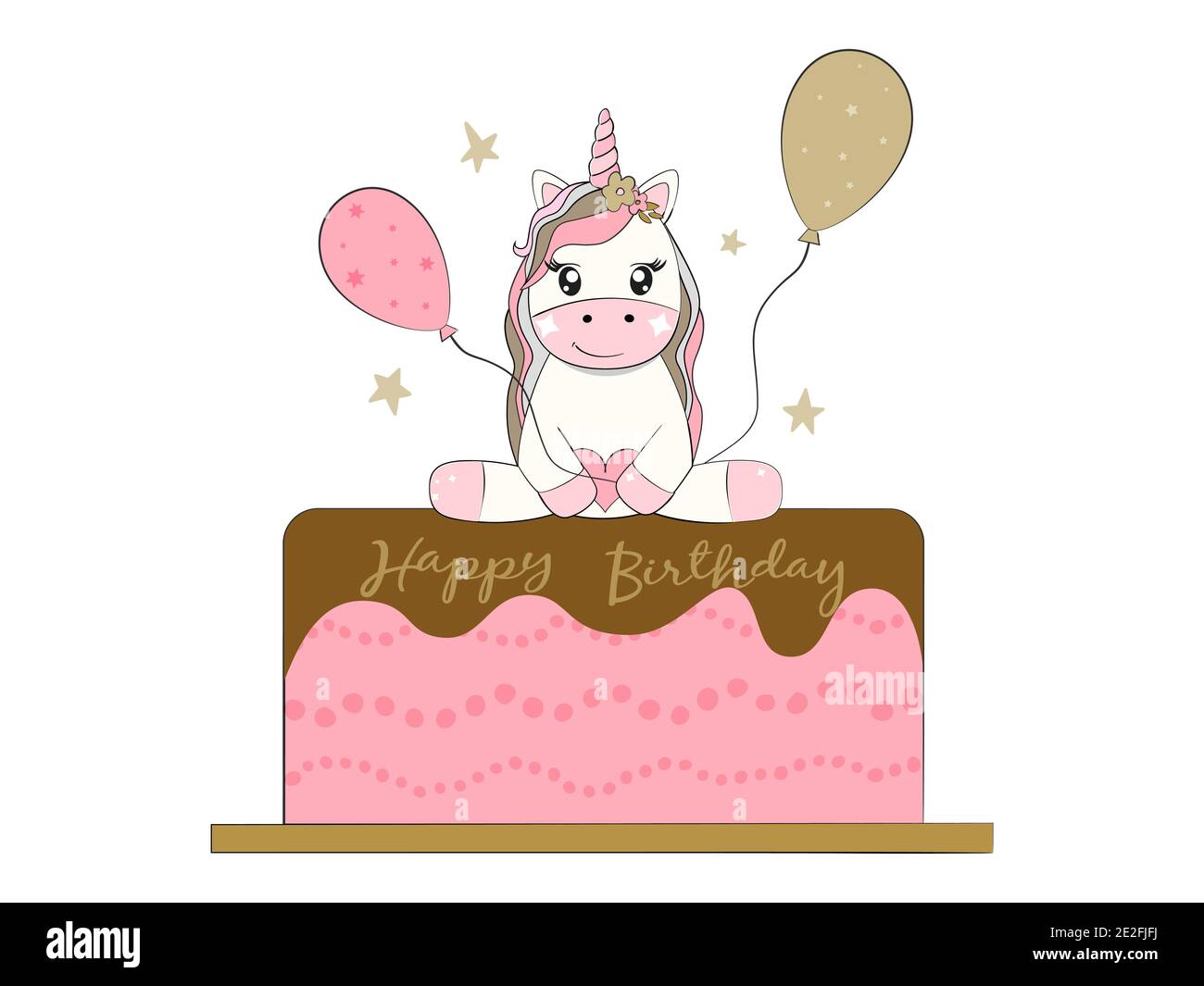 Licorne sur un gâteau avec des ballons. Carte d'anniversaire Illustration de Vecteur