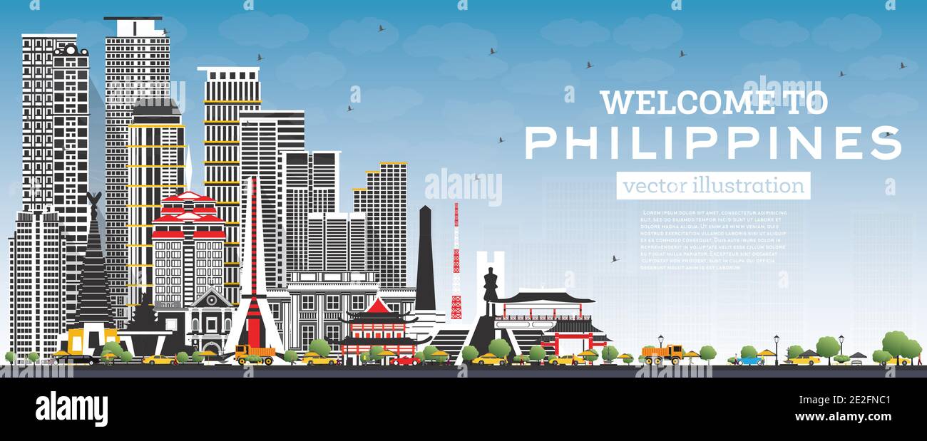 Bienvenue à Philippines City Skyline avec Gray Buildings et Blue Sky. Illustration vectorielle. Concept avec architecture historique. Philippines CityScape. Illustration de Vecteur