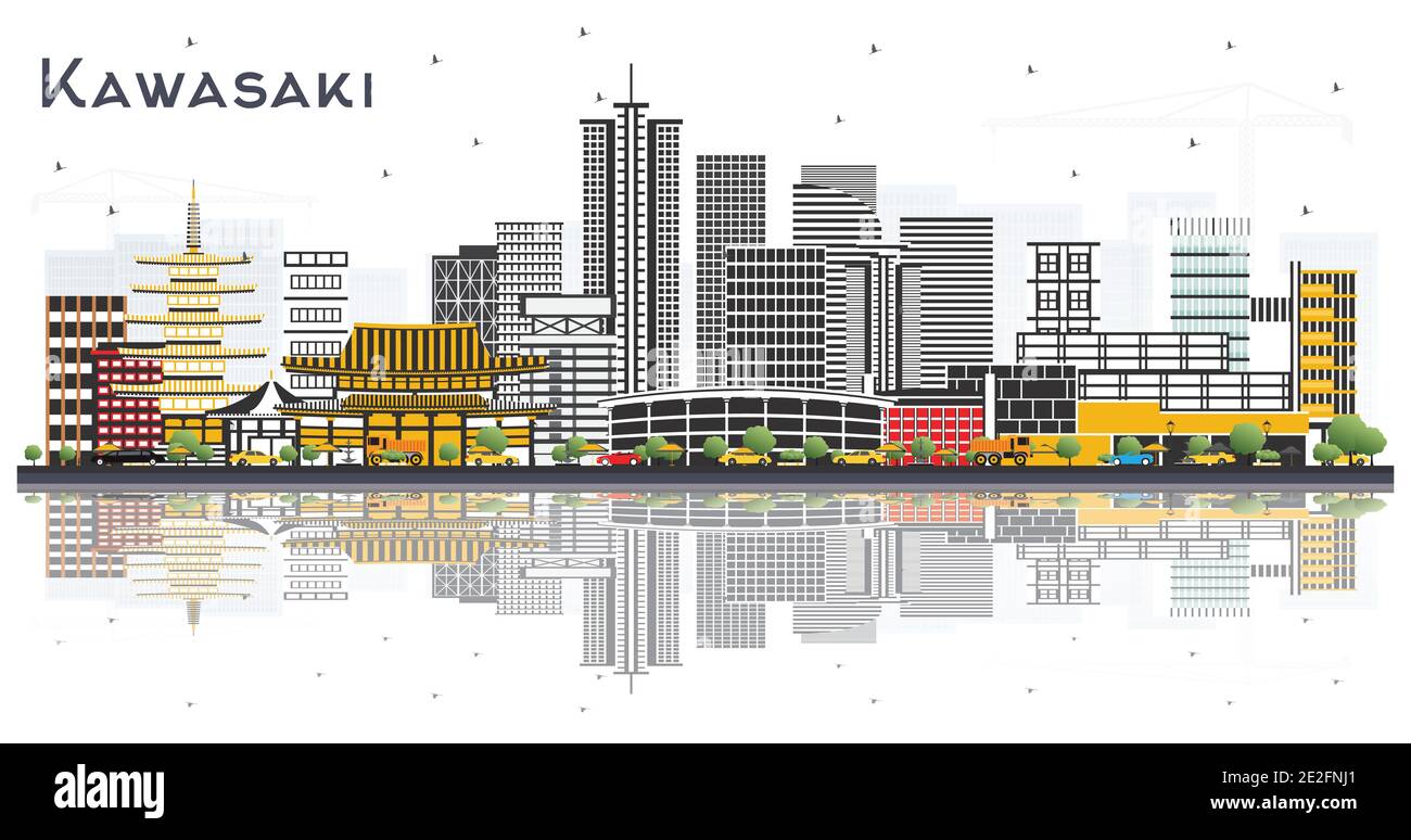 Kawasaki Japan City Skyline avec bâtiments de couleur et réflexions isolés sur le blanc. Illustration vectorielle. Illustration de Vecteur