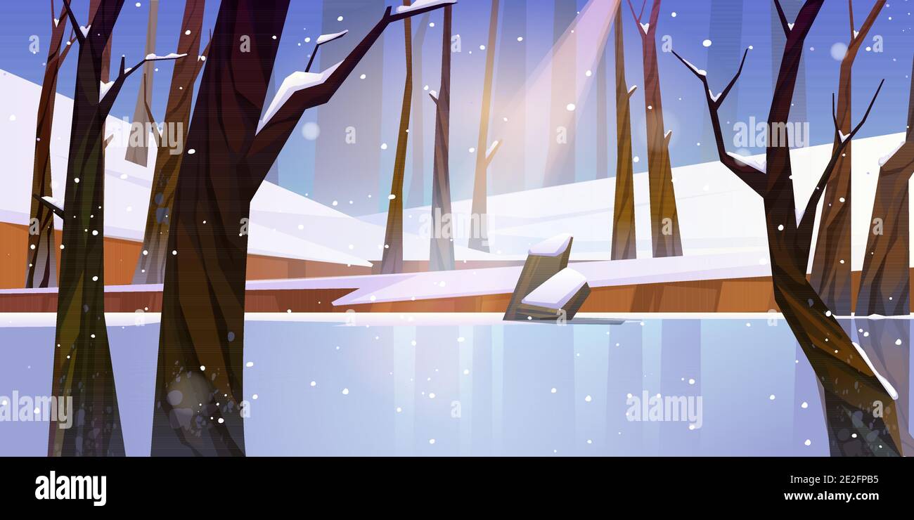 Paysage d'hiver avec lac gelé en forêt, neige blanche et arbres. Dessin animé vectoriel de bois neigeux ou parc naturel avec patinoire, souche et rayons du soleil. Eau gelée de rivière ou d'étang en forêt Illustration de Vecteur