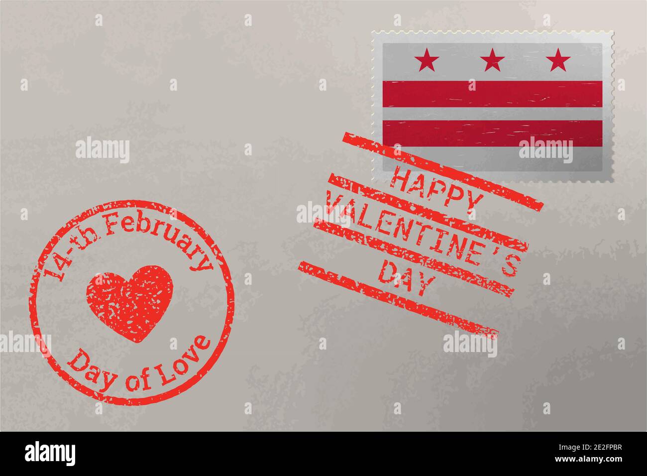 Enveloppe de timbre-poste avec drapeau américain du District de Columbia et timbres de Saint-Valentin, vecteur Illustration de Vecteur