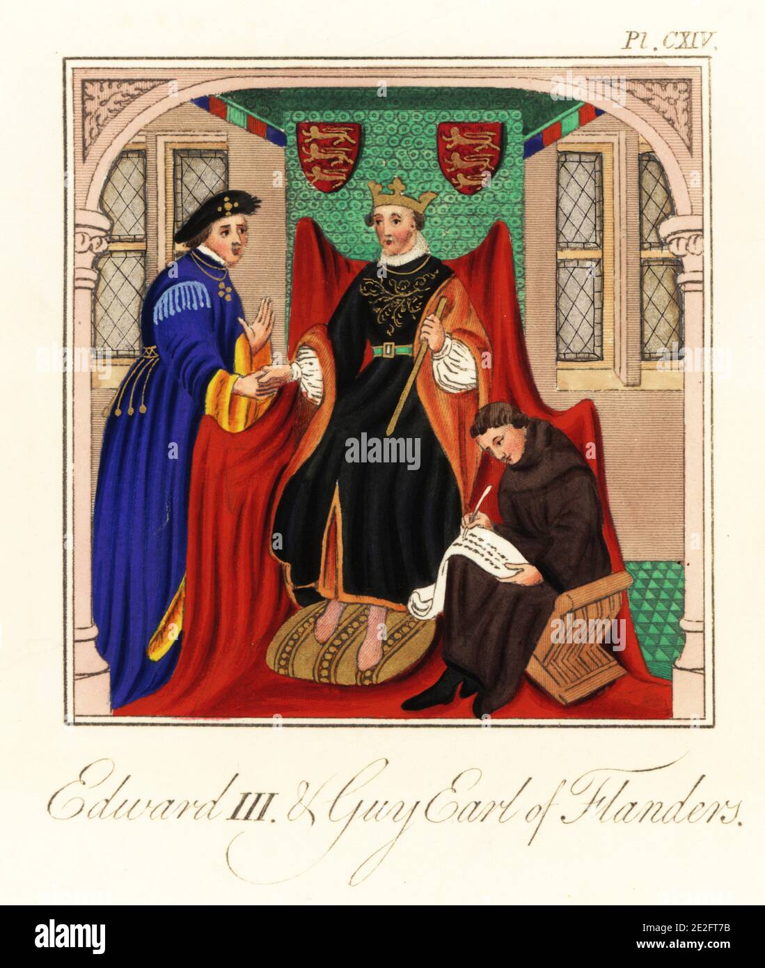 Le roi Edward I d'Angleterre formant une alliance avec Guy de Dampierre,  comte de Flandre, 1294. Le roi est assis sur un trône avec des blasons de  trois lions, porte une dalmatica