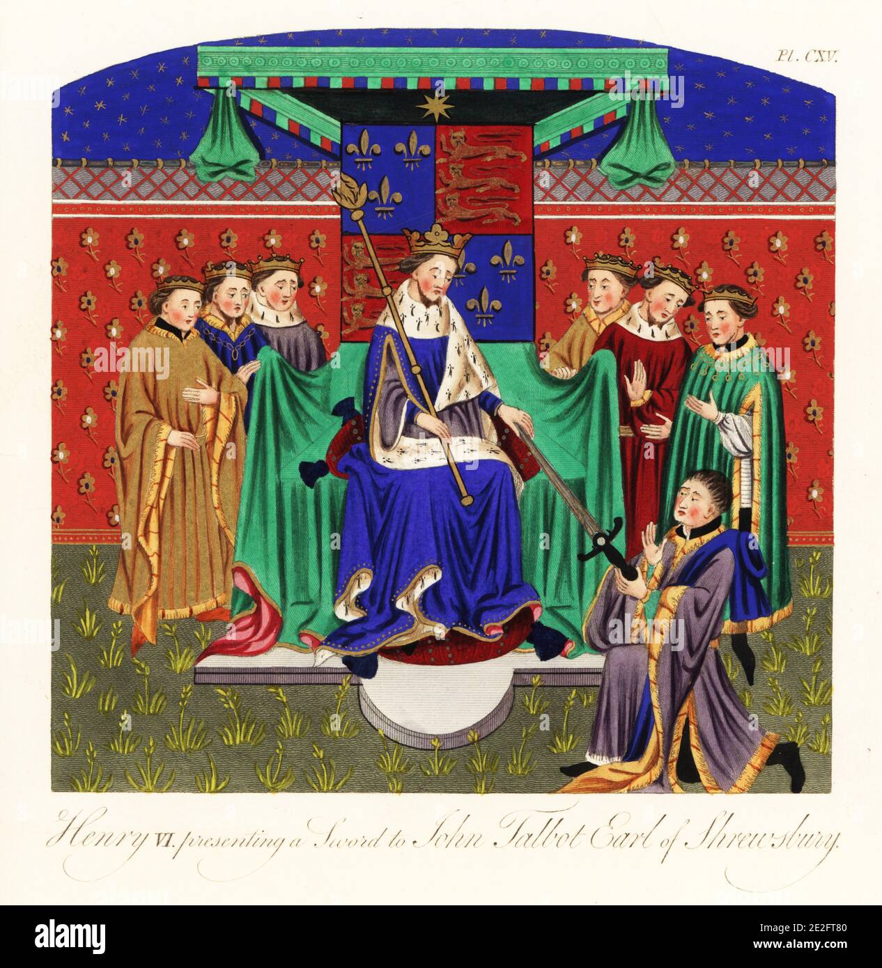 Le roi Henri VI d'Angleterre présente une épée à John Talbot, 1er comte de Shrewsbury, lors de sa nomination au poste de gendarme de France. Le roi sur son trône dans des robes d'hermine avec couronne et sceptre, XVe siècle. De Christine de Pisan, des fais d'armes et de chevalerie, F.405r, Talbot Shrewsbury Book, Royal MS 15 E vi, British Library. Gravure faite à la main par Joseph Strutt de sa vue complète de la robe et des habitudes du peuple d'Angleterre, Henry Bohn, Londres, 1842. Banque D'Images