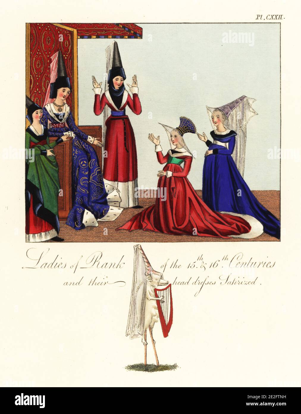 Les dames de rang des XVe et XVIe siècles et leurs coiffes ont été satiriées. Reine sur le trône avec des dames en attente, de la Romance de Jean de Saintre, coton Nero D IX F.2, agenouilleuses femmes de Jean Mielot Benvenuto da Imola, Romuléon, Royal MS 19 E V, Et l'image satirique de truies sur pilotis avec une harpe portant un hennin de Jean Froissart's Chronicles, Harley MS 4379. Gravure faite à la main par Joseph Strutt de sa vue complète de la robe et des habitudes du peuple d'Angleterre, Henry Bohn, Londres, 1842. Banque D'Images