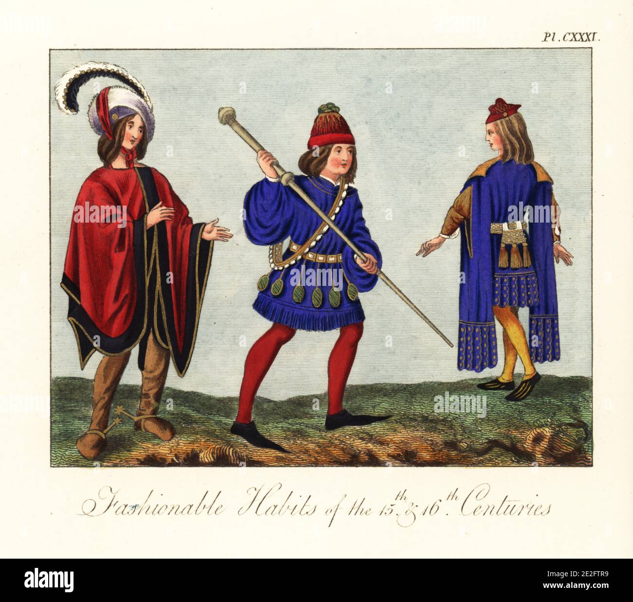 Costume masculin du XVe siècle. Chevalier en casquette de plumes, manteau, bottes et éperons, homme en tunique, tuyau et cracows, et homme en manteau avec des manches fendues à volants. Knight (à gauche) de F. 11r, Royal MS 19 C, Hugues de Lannoy, Imaginacion de vraye noblesse, 1496. L’Amans qui fait la rose (au centre) F.184v et l’homme dansant (à droite) F.14v de Harley MS 4425, Guillaume de Lorris et Jean de Meun, Roman de la Rose, 1490. Gravure faite à la main par Joseph Strutt de sa vue complète de la robe et des habitudes du peuple d'Angleterre, Henry Bohn, Londres, 1842. Banque D'Images
