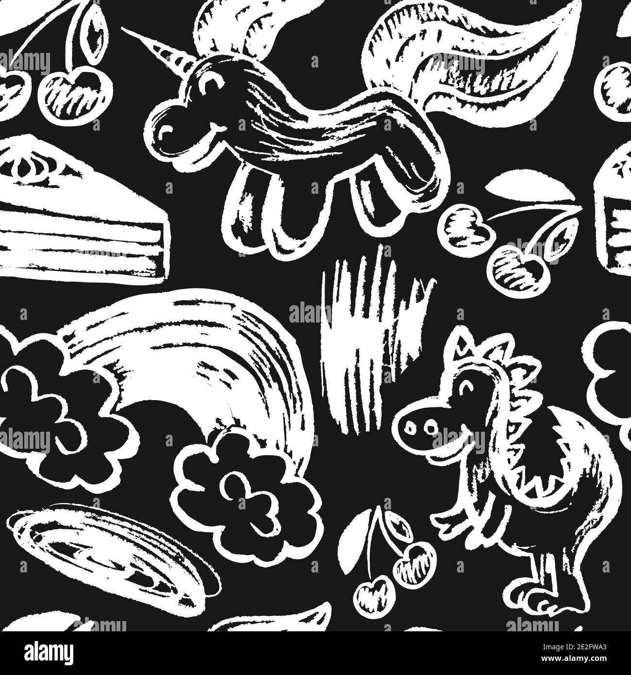 Sans couture joli dessin pour enfants. Noir et blanc. Icônes, signes, symboles, épingles. Licorne, dinosaure, arc-en-ciel, gâteau, cerise Illustration de Vecteur