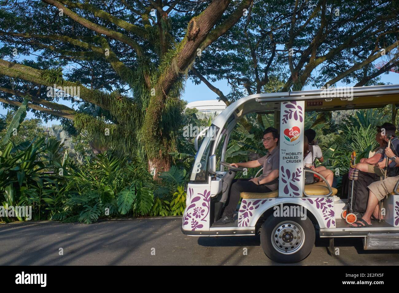Un bus-navette avec les touristes qui font le PLing Gardens by the Bay, Marina Bay, Singapour Banque D'Images