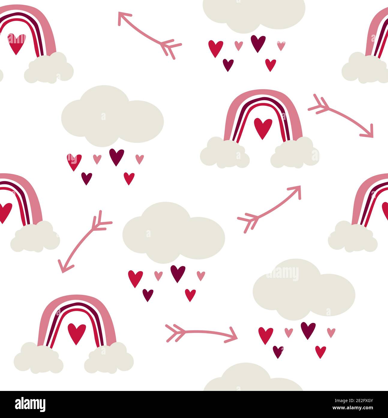 Motif sans couture d'arcs-en-ciel et de nuages avec coeurs de pluie, style scandinave puéril sur fond blanc. Illustration de Vecteur