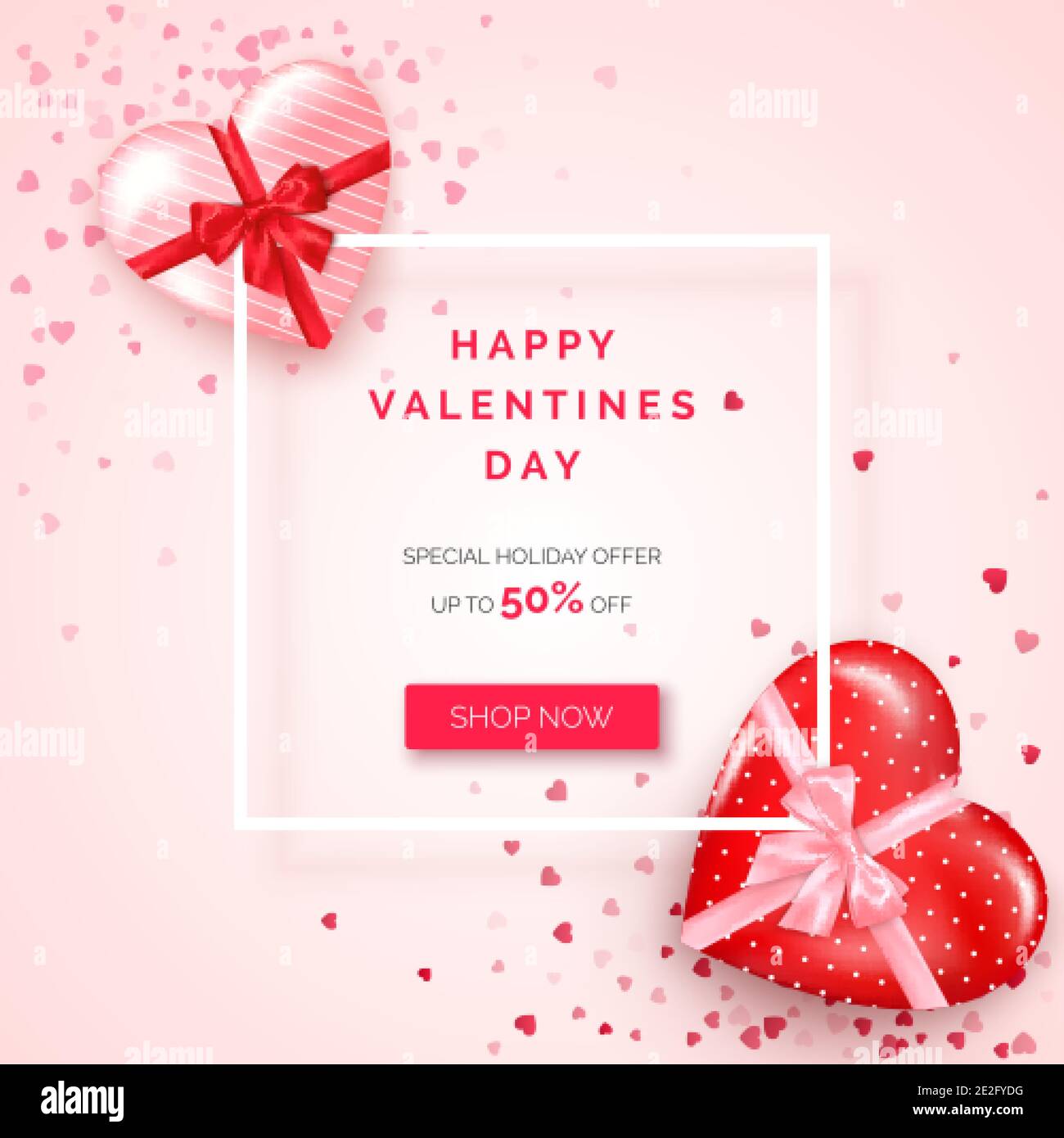 Offre vacances Saint Valentin. Bannière Web avec cadre blanc cadeaux décorés dans des boîtes en forme de coeur avec ruban de soie et noeud. Vecteur Illustration de Vecteur