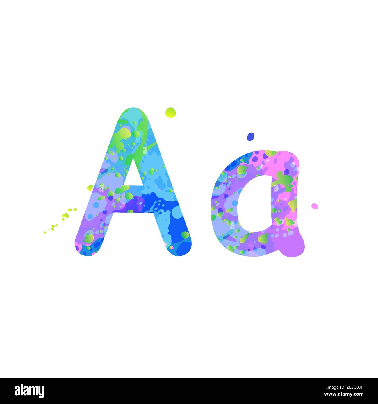 Lettres MAJUSCULES et minuscules avec effet de taches de peinture liquide en bleu, vert, rose, isolé sur fond blanc. Élément de décoration pour la conception d'un prospectus, d'une affiche, d'une couverture, d'un titre. Vecteur Illustration de Vecteur