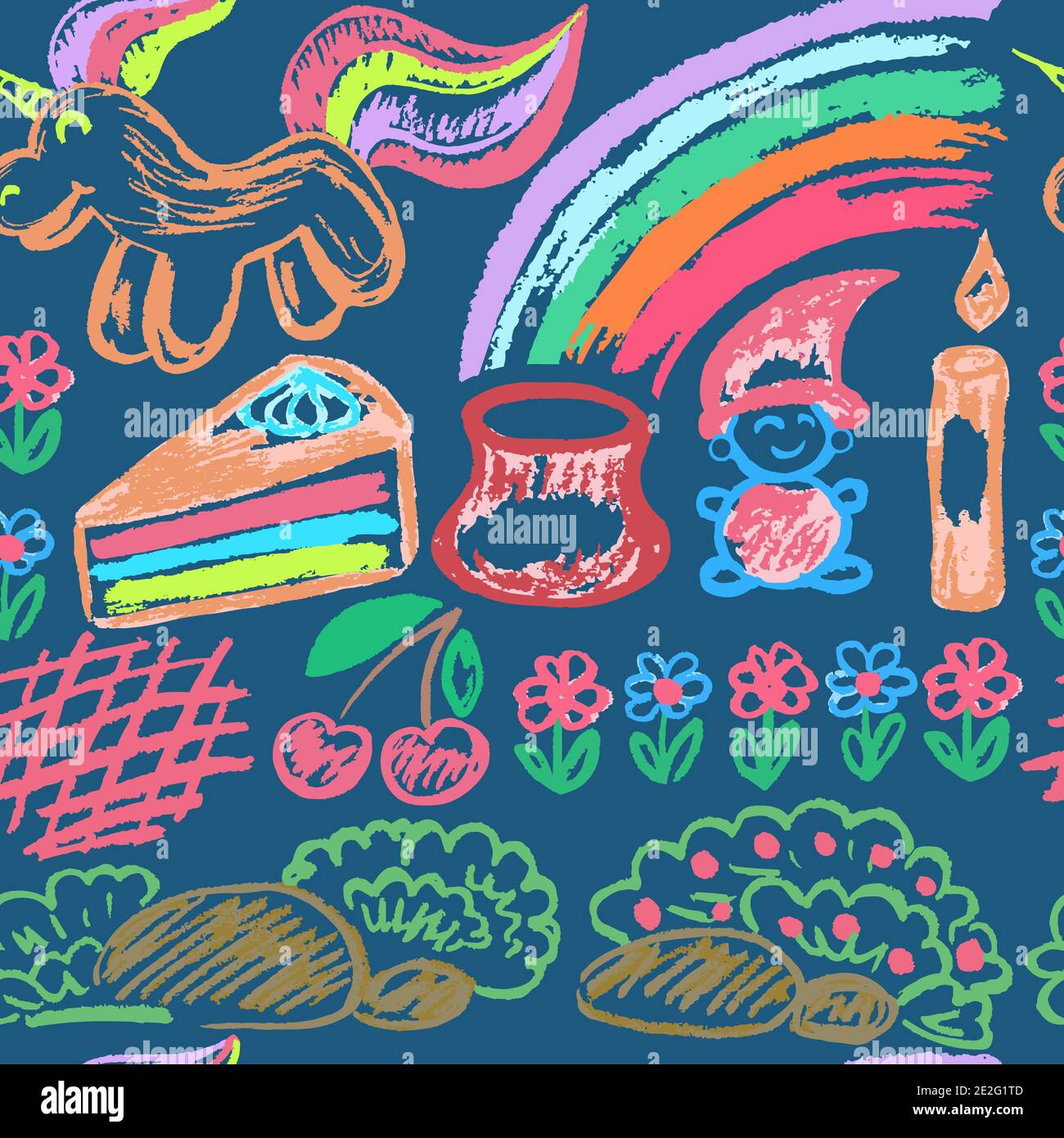 Mise en plan sans couture pour les enfants. Crayons de cire de couleur. Icônes, signes, symboles, arc-en-ciel Illustration de Vecteur