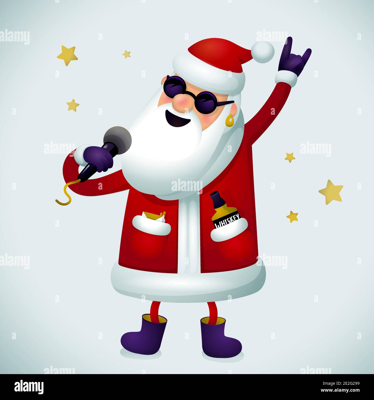 Personnage de père Noël rock and roll. Chant du Père Noël - rock star avec  microphone sur fond clair. Affiche boxer de Noël pour une fête Image  Vectorielle Stock - Alamy