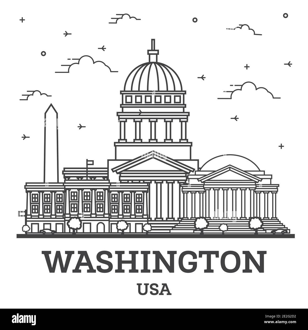 Contours Washington DC USA Ville avec des immeubles modernes isolé sur blanc. Vector Illustration. La ville de Washington DC avec repères. Illustration de Vecteur