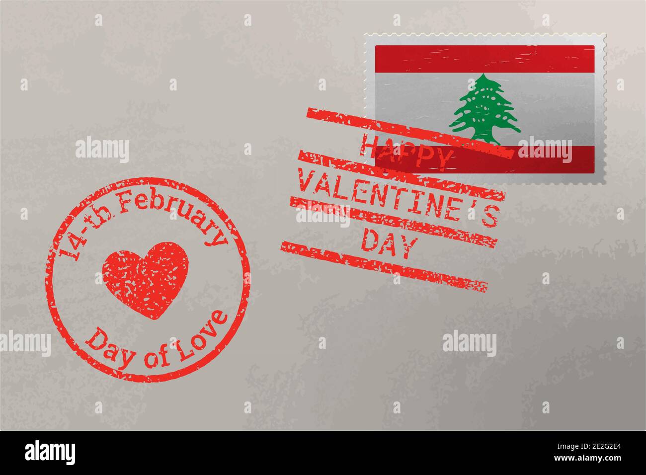Enveloppe de timbre-poste avec drapeau libanais et timbres de Saint-Valentin, vecteur Illustration de Vecteur